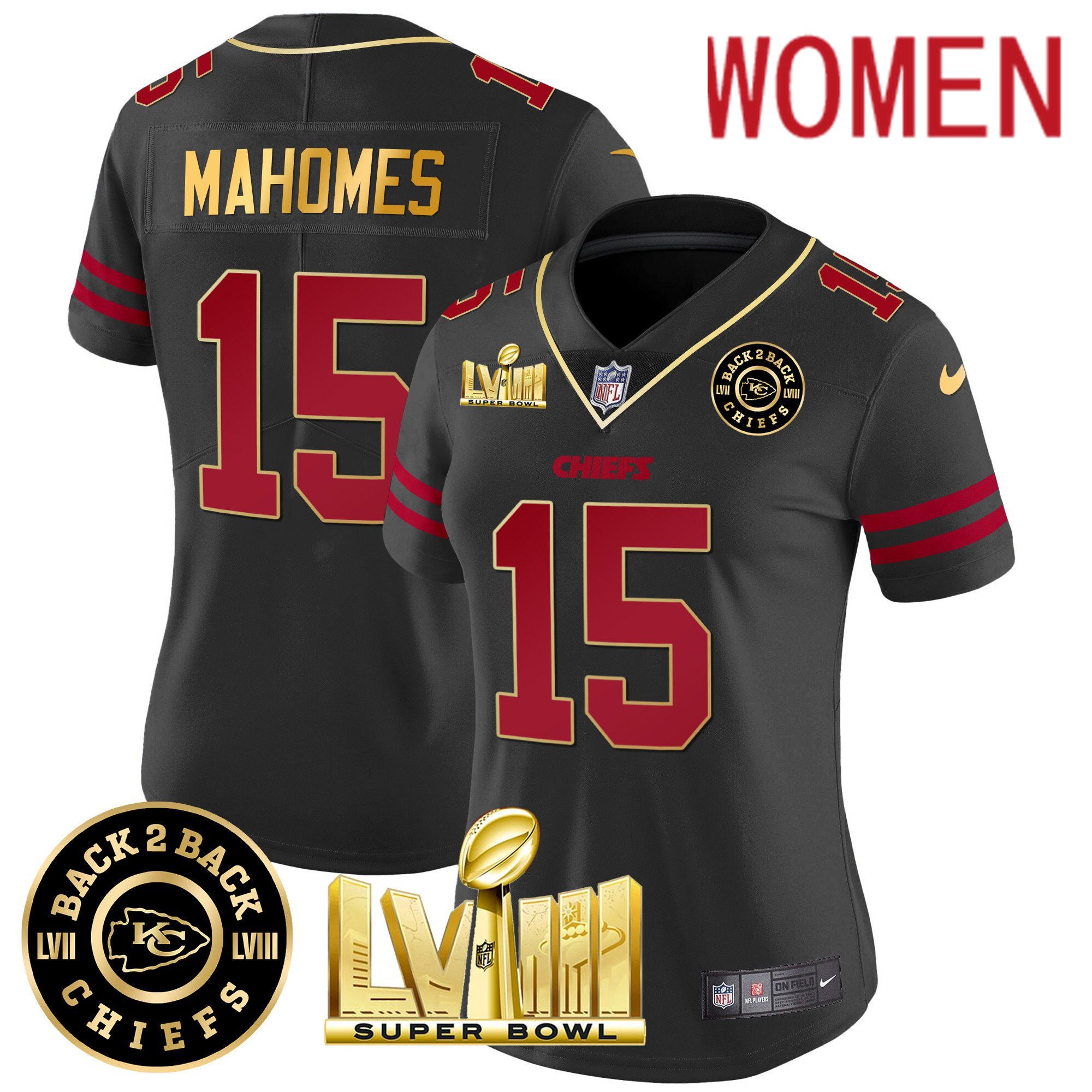 Women Kansas City Chiefs #15 Mahomes Black 2024 Nike Super Bowl LVIII & Back-2-Back Patch Vapor NFL Jersey style 1
